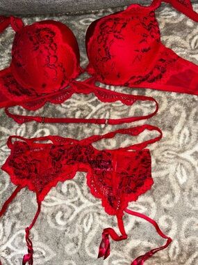 LaSenza Beyond Sexy Red Lace Push-Up Bra 32DD with Matching Lace Garter SZ SM